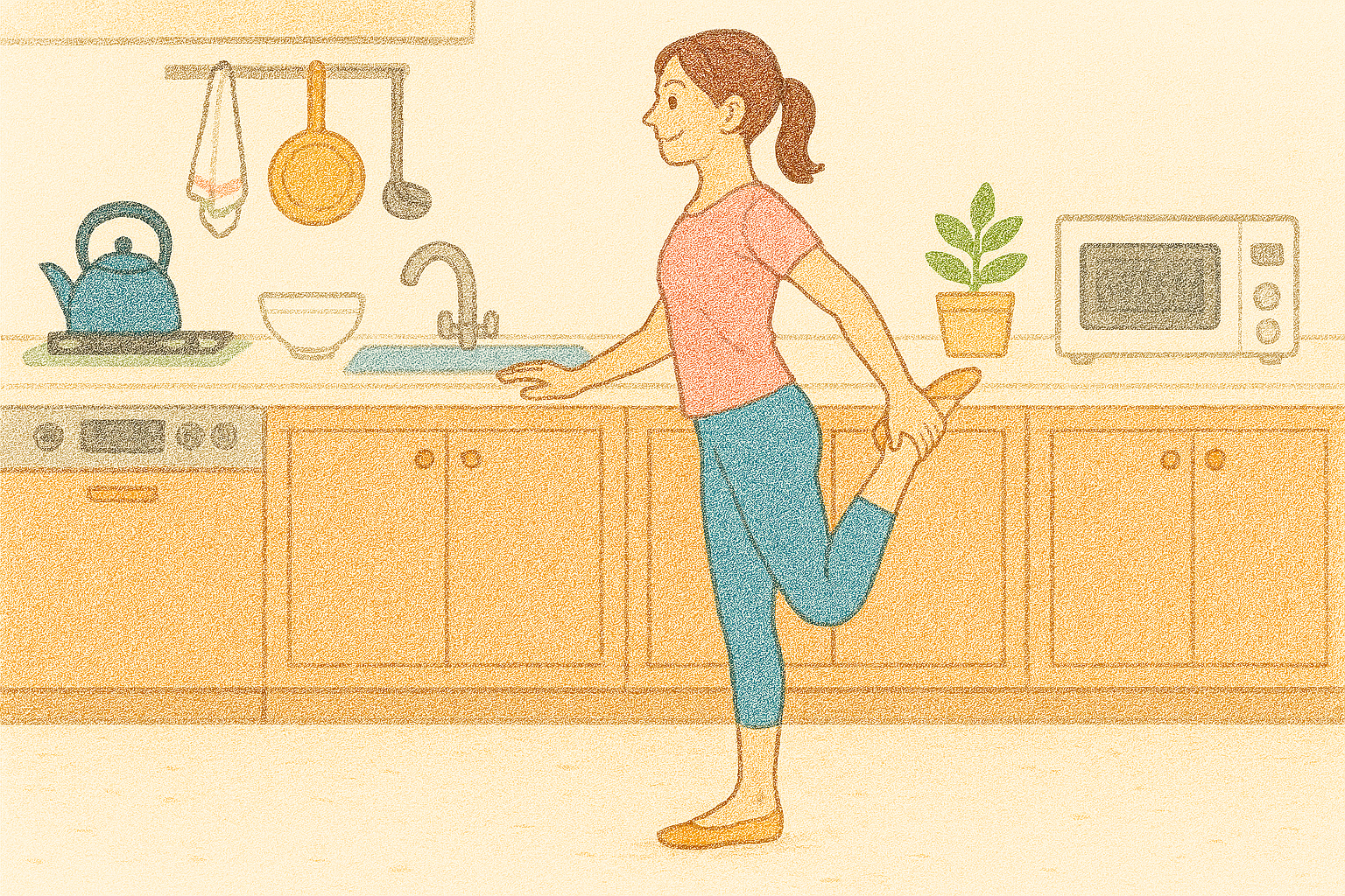 キッチンで立ちながら行う美脚ストレッチ！家事の合間にできる習慣